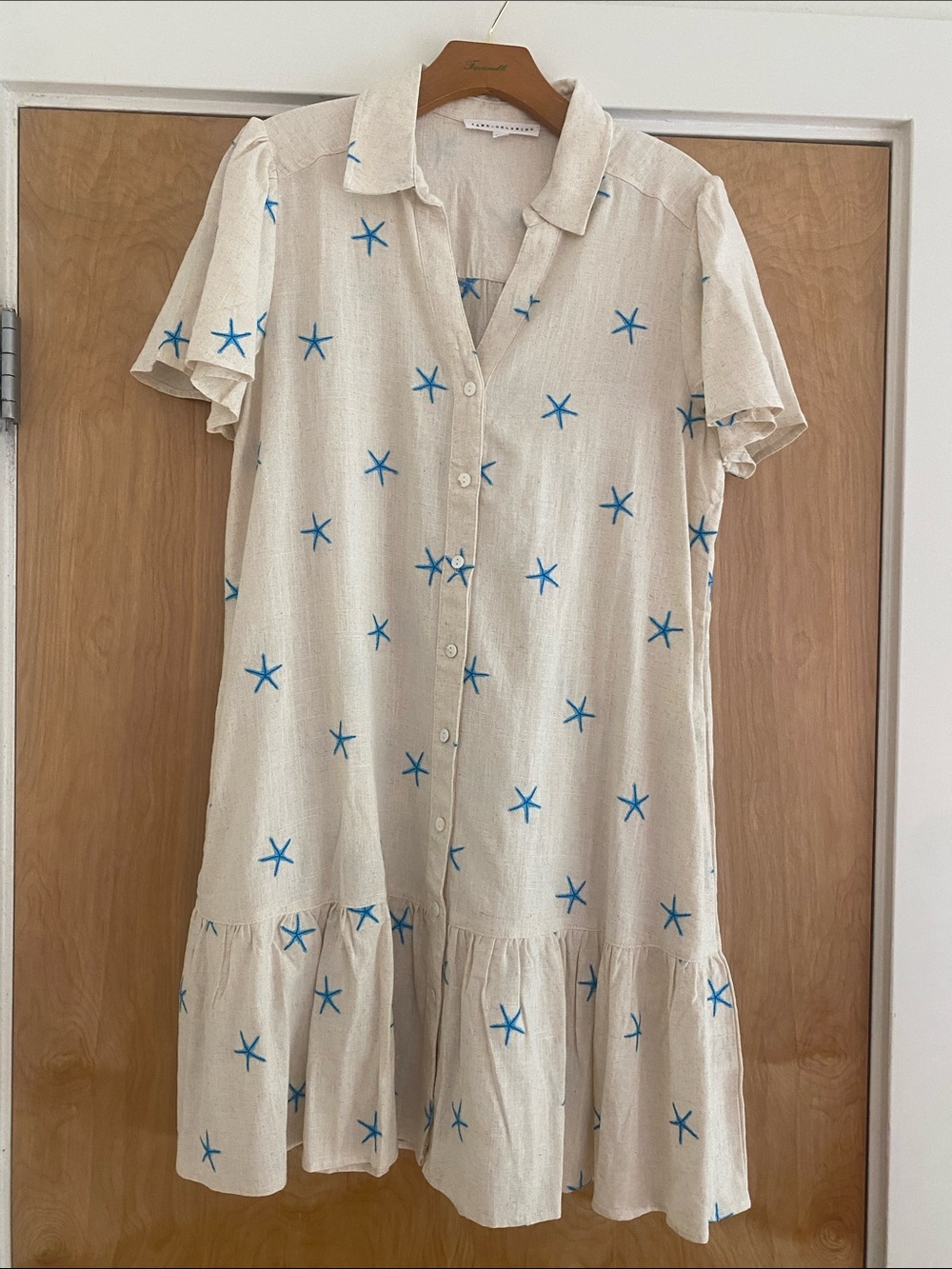 Linen Blend Starfish Embroidered Midi Dress with Pockets Size M